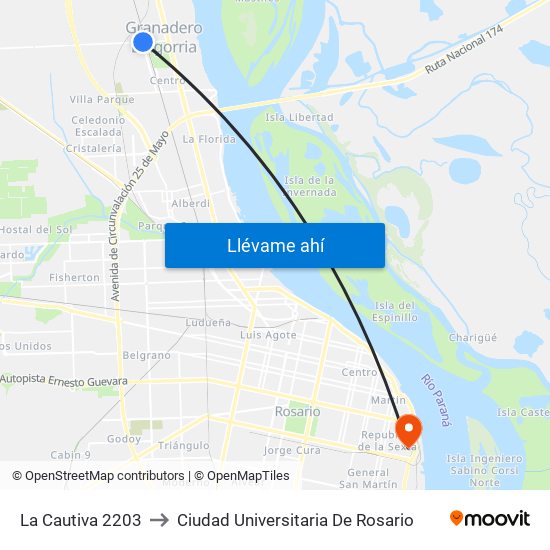 La Cautiva 2203 to Ciudad Universitaria De Rosario map