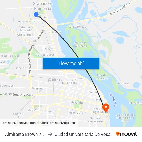 Almirante Brown 715 to Ciudad Universitaria De Rosario map