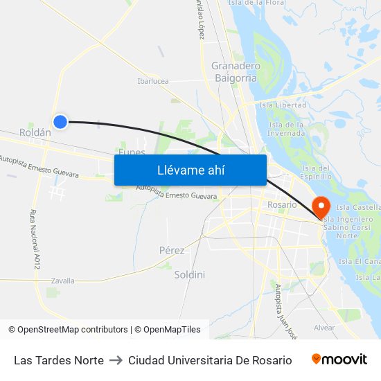 Las Tardes Norte to Ciudad Universitaria De Rosario map