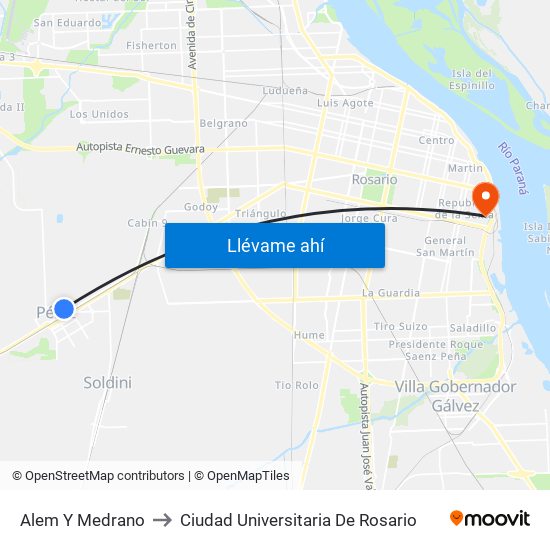Alem Y Medrano to Ciudad Universitaria De Rosario map