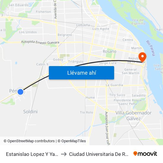 Estanislao Lopez Y Yapeyù to Ciudad Universitaria De Rosario map