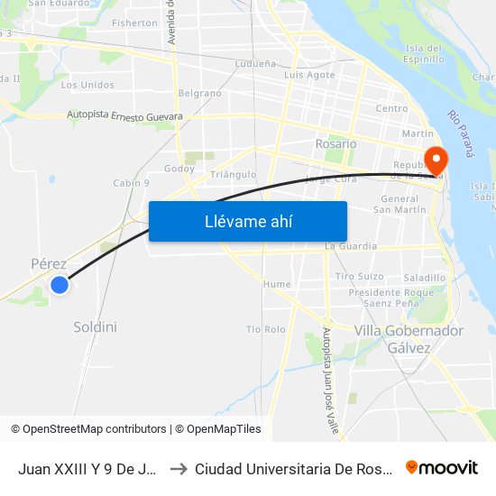 Juan XXIII Y 9 De Julio to Ciudad Universitaria De Rosario map