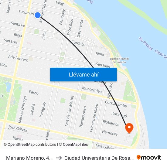 Mariano Moreno, 407 to Ciudad Universitaria De Rosario map