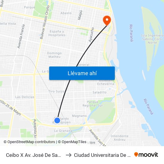 Ceibo X Av. José De San Martín to Ciudad Universitaria De Rosario map