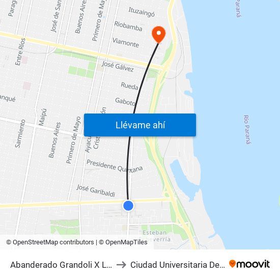Abanderado Grandoli X Lola Mora to Ciudad Universitaria De Rosario map