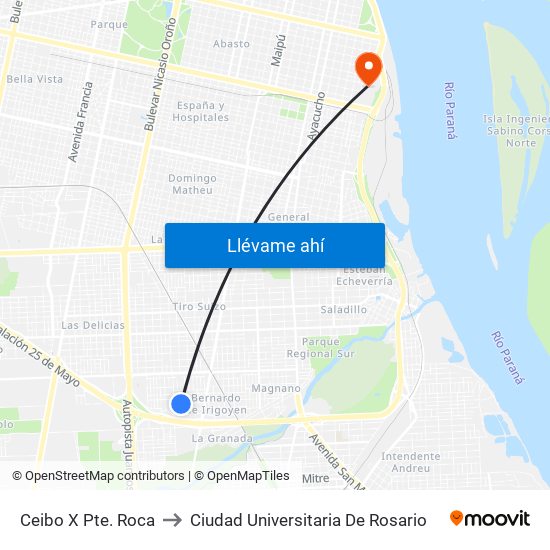 Ceibo X Pte. Roca to Ciudad Universitaria De Rosario map