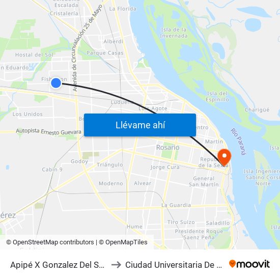 Apipé X Gonzalez Del Solar Bis to Ciudad Universitaria De Rosario map