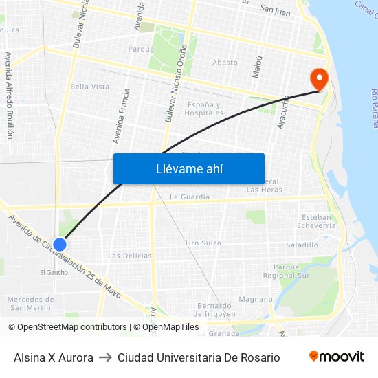 Alsina X Aurora to Ciudad Universitaria De Rosario map
