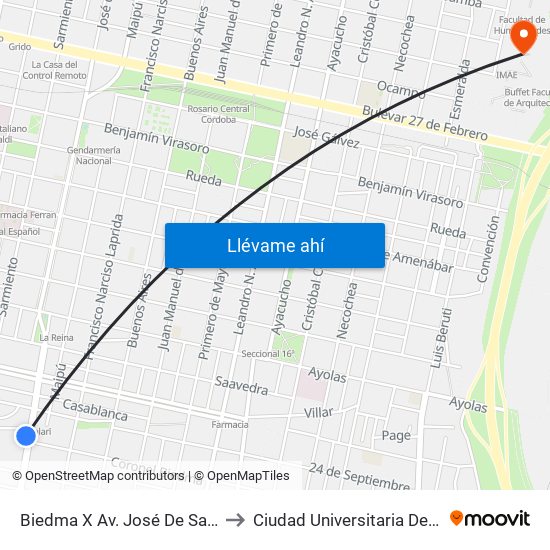 Biedma X Av. José De San Martín to Ciudad Universitaria De Rosario map