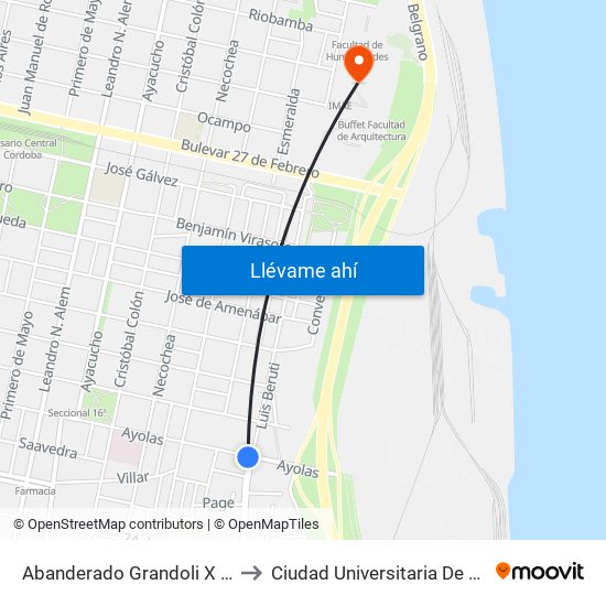 Abanderado Grandoli X Ayolas to Ciudad Universitaria De Rosario map
