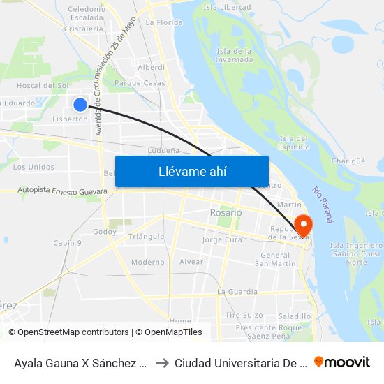 Ayala Gauna X Sánchez De Loria to Ciudad Universitaria De Rosario map