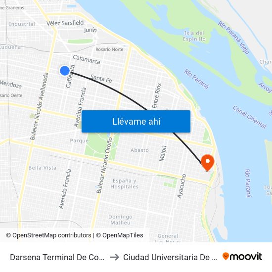 Darsena Terminal De Colectivos to Ciudad Universitaria De Rosario map