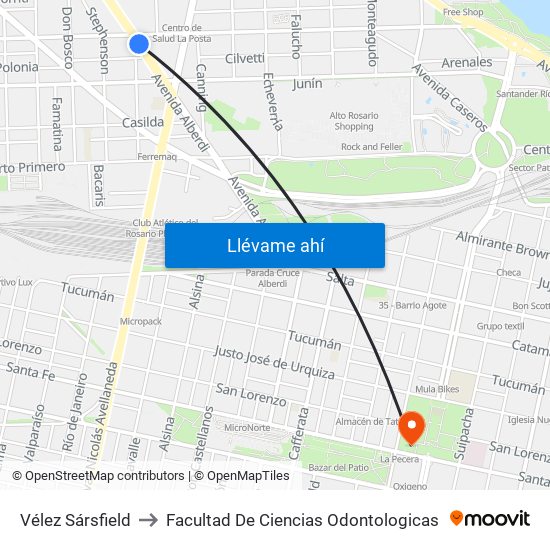 Vélez Sársfield to Facultad De Ciencias Odontologicas map