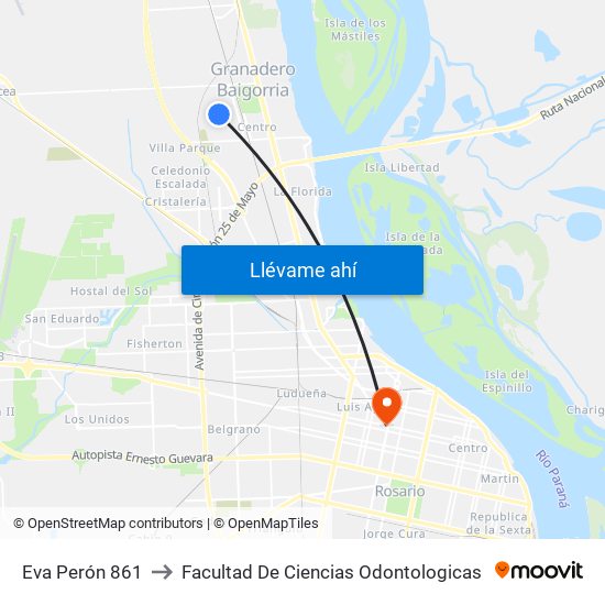Eva Perón 861 to Facultad De Ciencias Odontologicas map
