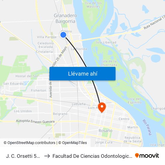 J. C. Orsetti 500 to Facultad De Ciencias Odontologicas map