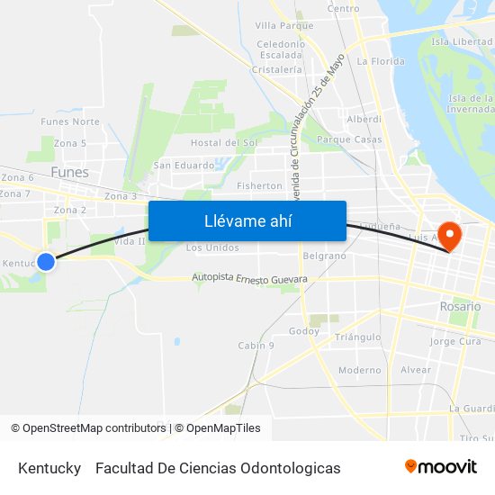 Kentucky to Facultad De Ciencias Odontologicas map