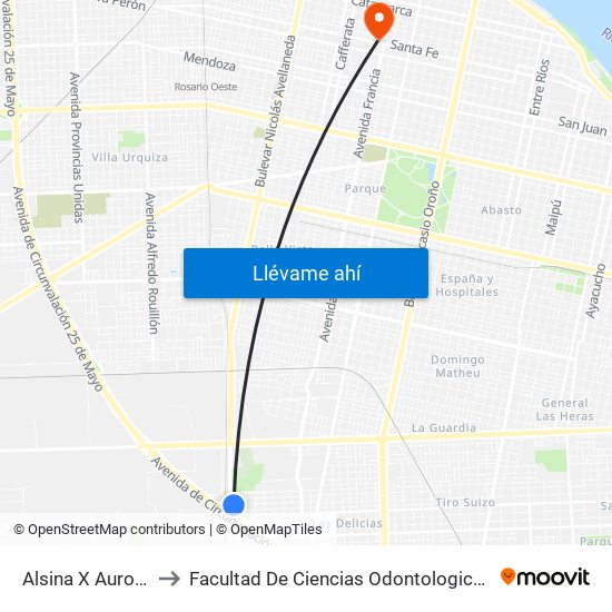 Alsina X Aurora to Facultad De Ciencias Odontologicas map