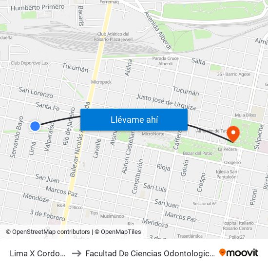 Lima X Cordoba to Facultad De Ciencias Odontologicas map