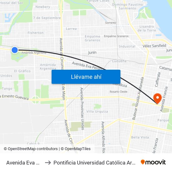 Avenida Eva Perón, 8598 to Pontificia Universidad Católica Argentina Campus Rosario map