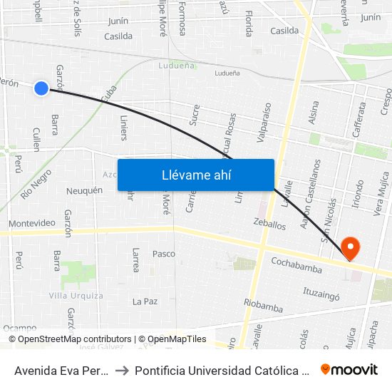 Avenida Eva Perón, 6301-6399 to Pontificia Universidad Católica Argentina Campus Rosario map