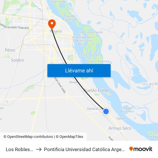 Los Robles X Rp 21 to Pontificia Universidad Católica Argentina Campus Rosario map