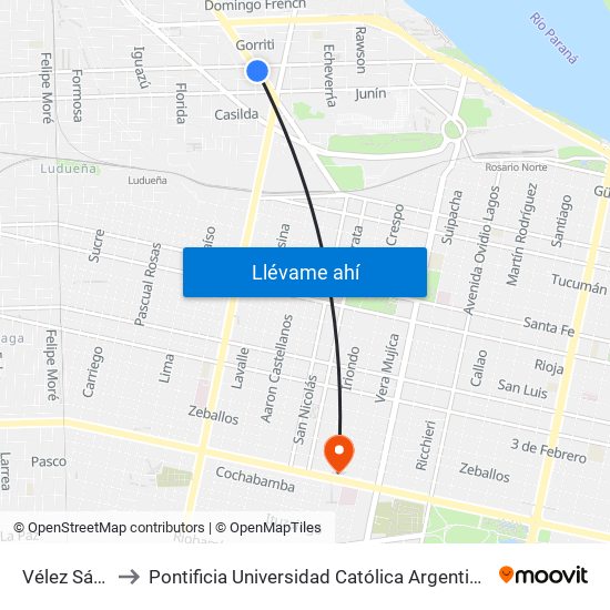 Vélez Sársfield to Pontificia Universidad Católica Argentina Campus Rosario map