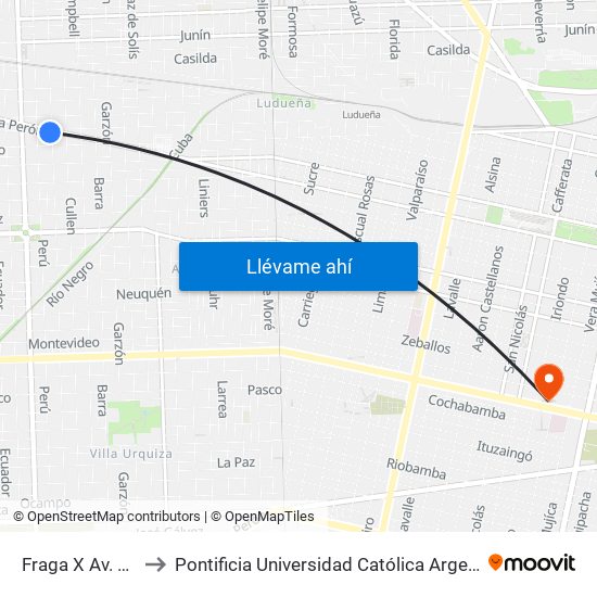 Fraga X Av. Eva Perón to Pontificia Universidad Católica Argentina Campus Rosario map