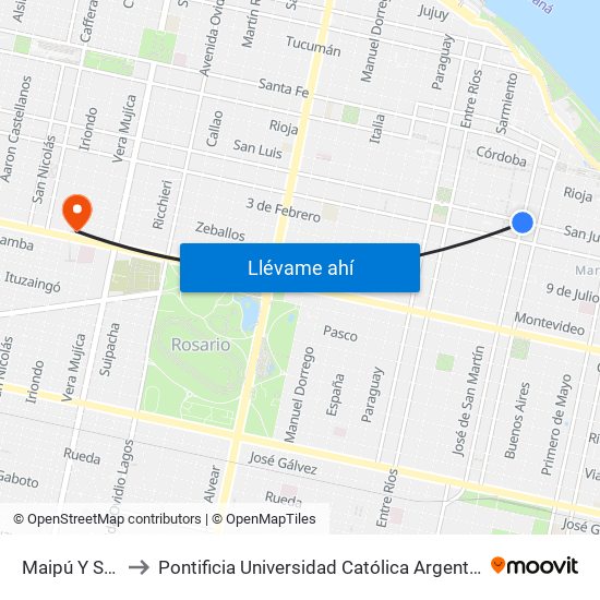 Maipú Y San Juan to Pontificia Universidad Católica Argentina Campus Rosario map