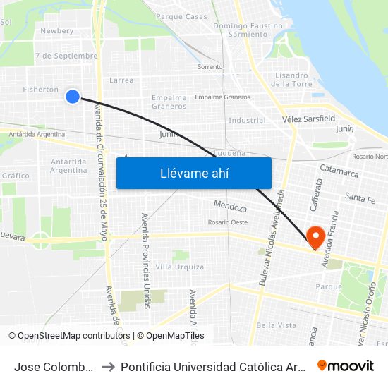 Jose Colombres Y Apipe to Pontificia Universidad Católica Argentina Campus Rosario map
