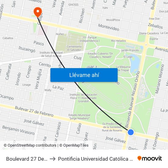 Boulevard 27 De Febrero, 2175 to Pontificia Universidad Católica Argentina Campus Rosario map