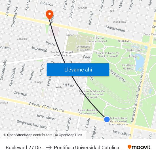 Boulevard 27 De Febrero, 2501 to Pontificia Universidad Católica Argentina Campus Rosario map