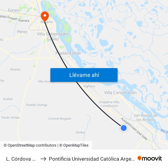 L. Córdova X Ferreyra to Pontificia Universidad Católica Argentina Campus Rosario map