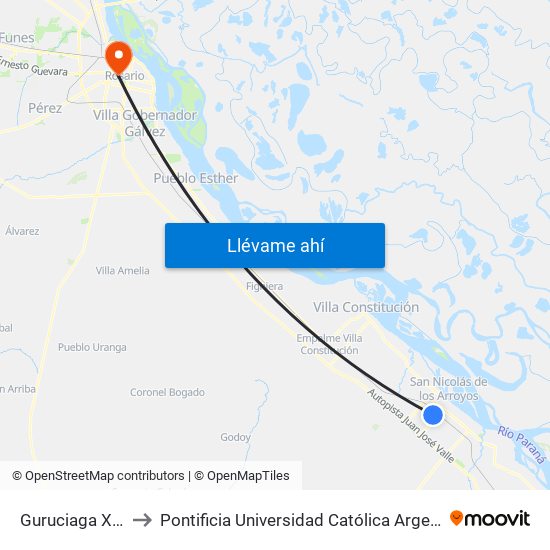 Guruciaga X Córdoba to Pontificia Universidad Católica Argentina Campus Rosario map