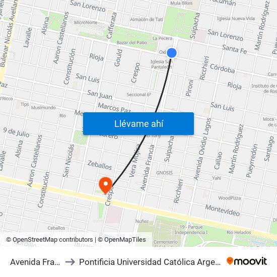 Avenida Francia, 784 to Pontificia Universidad Católica Argentina Campus Rosario map