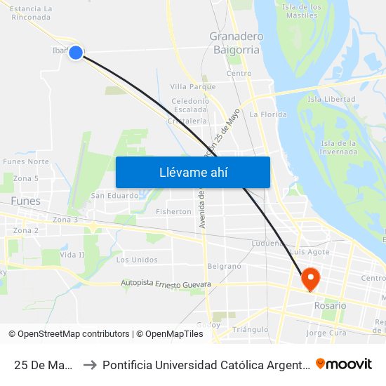 25 De Mayo 1125 to Pontificia Universidad Católica Argentina Campus Rosario map