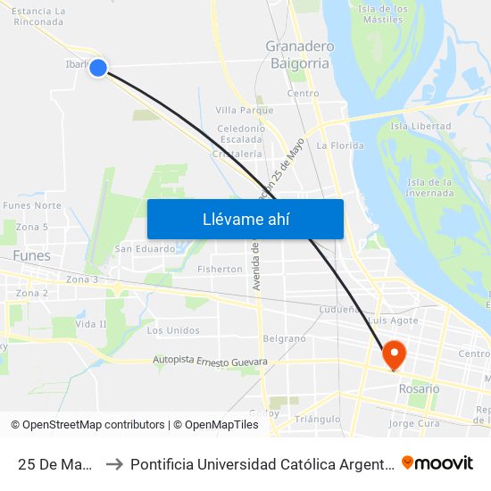 25 De Mayo 1233 to Pontificia Universidad Católica Argentina Campus Rosario map
