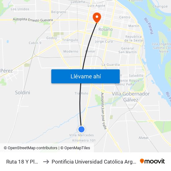 Ruta 18 Y Playon Motel to Pontificia Universidad Católica Argentina Campus Rosario map
