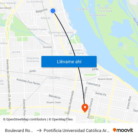 Boulevard Rondeau, 2101 to Pontificia Universidad Católica Argentina Campus Rosario map