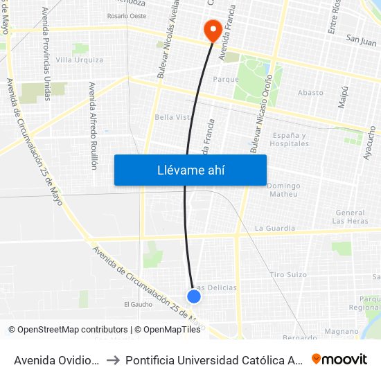 Avenida Ovidio Lagos, 5717 to Pontificia Universidad Católica Argentina Campus Rosario map
