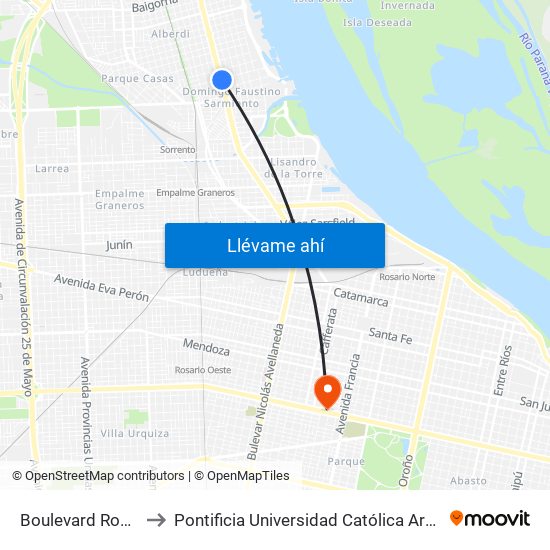 Boulevard Rondeau, 1080 to Pontificia Universidad Católica Argentina Campus Rosario map