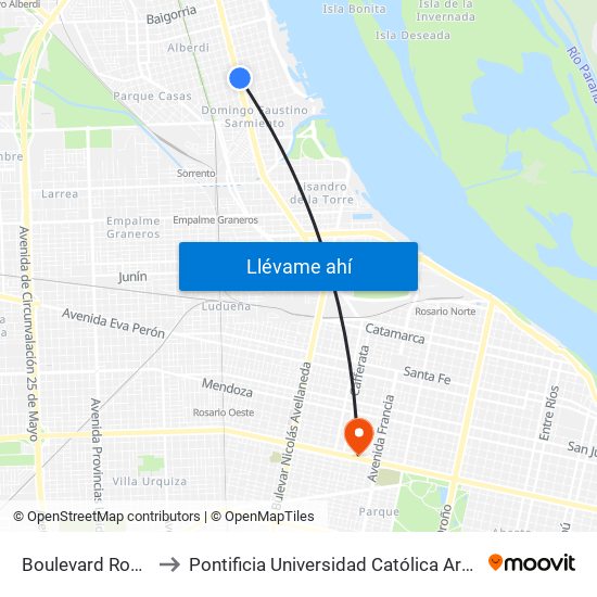Boulevard Rondeau, 1298 to Pontificia Universidad Católica Argentina Campus Rosario map