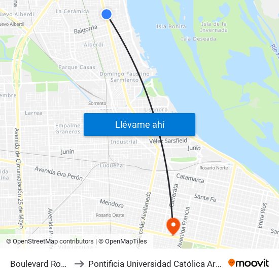Boulevard Rondeau, 2630 to Pontificia Universidad Católica Argentina Campus Rosario map