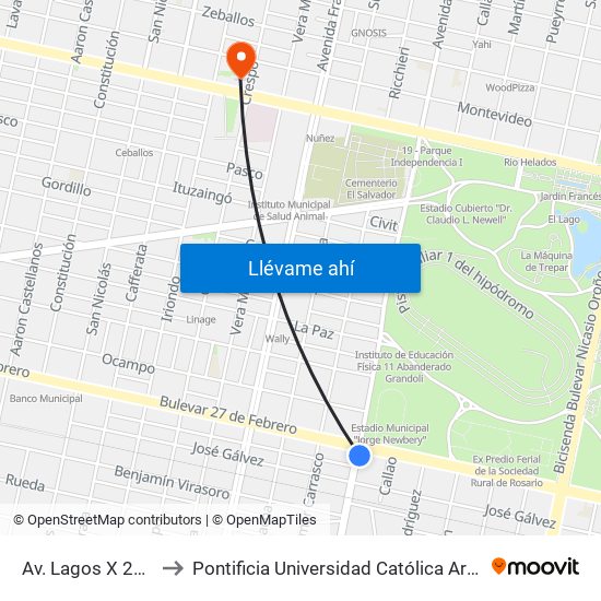 Av. Lagos X 27 De Febrero to Pontificia Universidad Católica Argentina Campus Rosario map