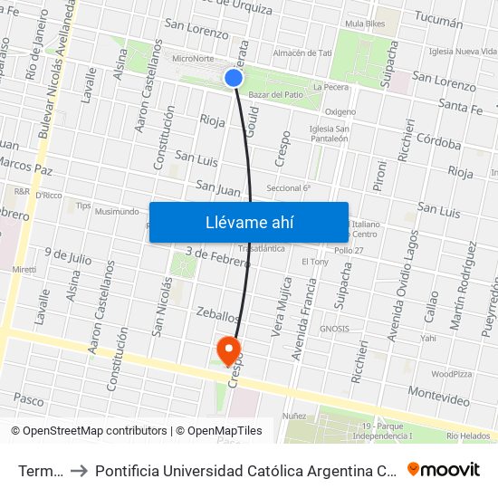 Terminal to Pontificia Universidad Católica Argentina Campus Rosario map