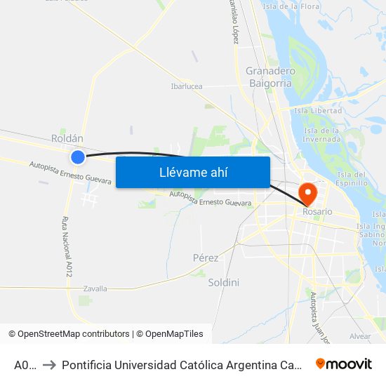 A012 to Pontificia Universidad Católica Argentina Campus Rosario map
