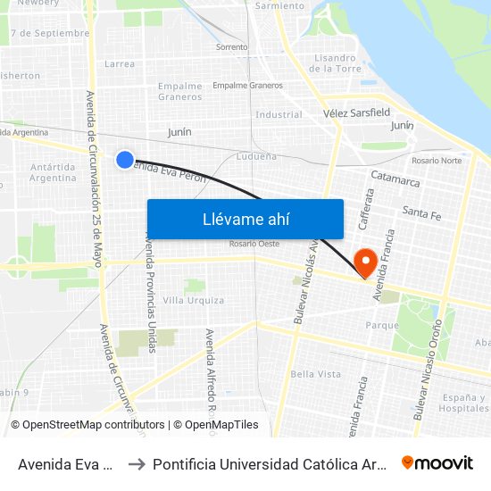 Avenida Eva Perón, 7081 to Pontificia Universidad Católica Argentina Campus Rosario map