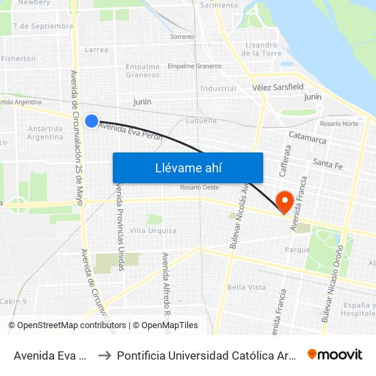 Avenida Eva Perón, 7286 to Pontificia Universidad Católica Argentina Campus Rosario map
