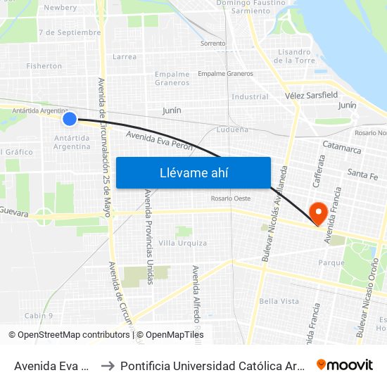 Avenida Eva Perón, 7898 to Pontificia Universidad Católica Argentina Campus Rosario map