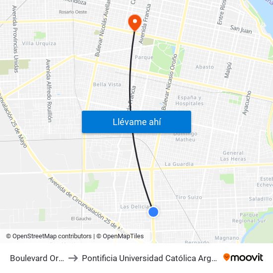 Boulevard Oroño, 5707 to Pontificia Universidad Católica Argentina Campus Rosario map