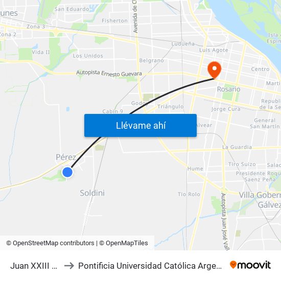Juan XXIII Y Morelli to Pontificia Universidad Católica Argentina Campus Rosario map
